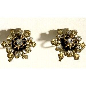 Vintage 40s/50s Rhinestone Snowflake Earrings Black & Gold Tone Screw Back